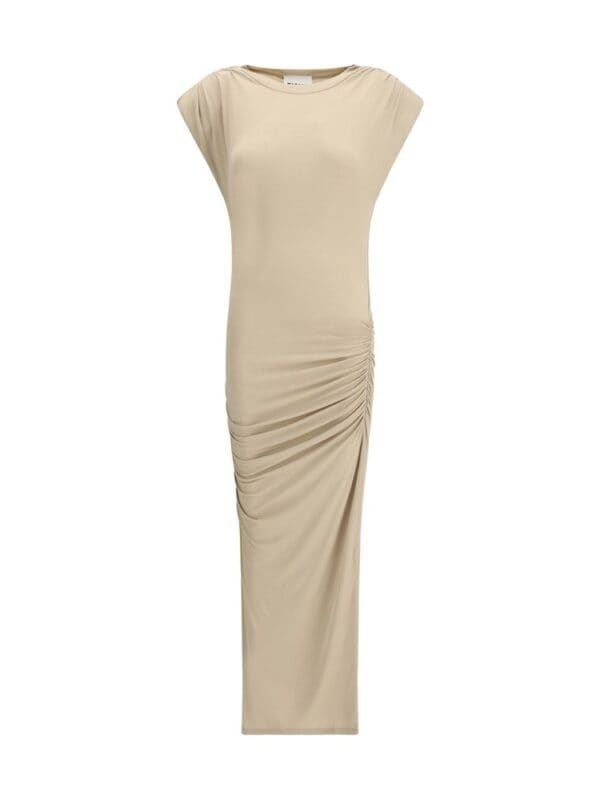 Lux Brands elegant beige ruched maxi dress with cap sleeves for sophisticated evening wear.