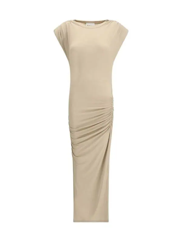 Lux Brands elegant beige ruched maxi dress with cap sleeves for sophisticated evening wear.