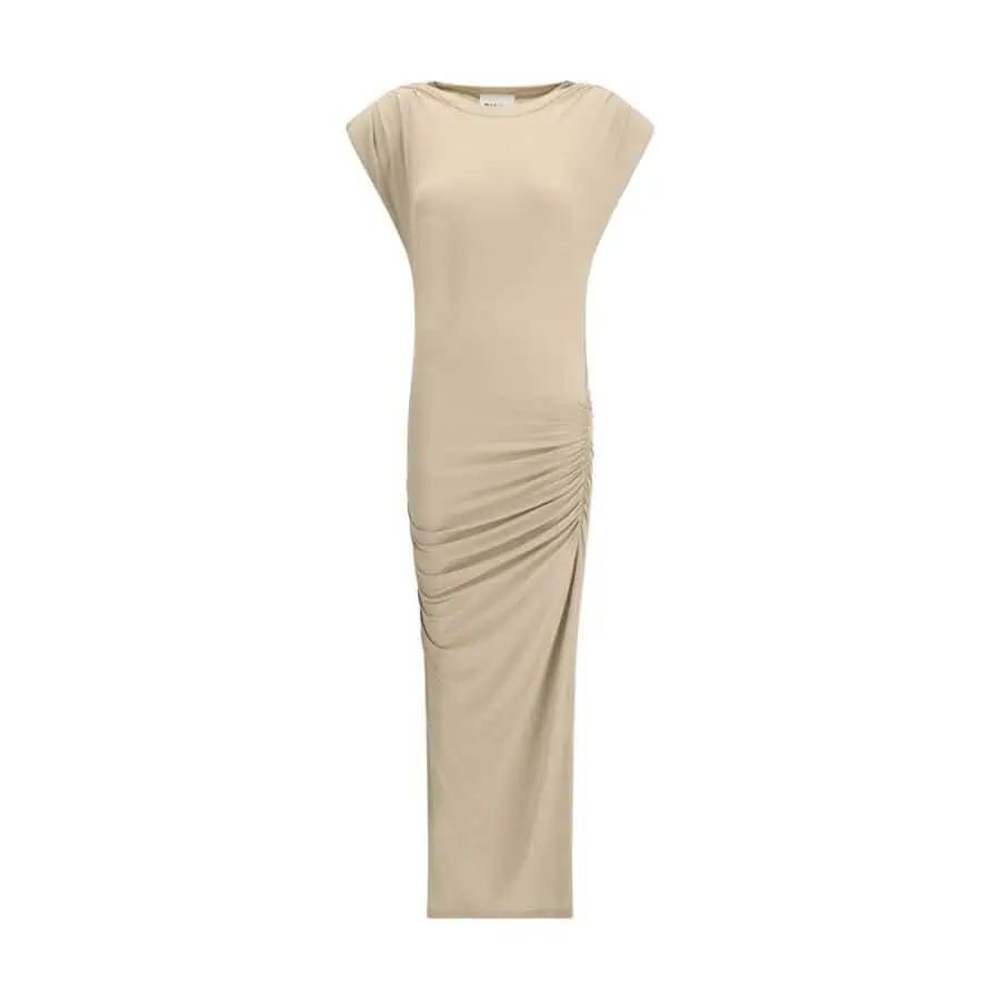 Lux Brands elegant beige ruched maxi dress with cap sleeves for sophisticated evening wear.