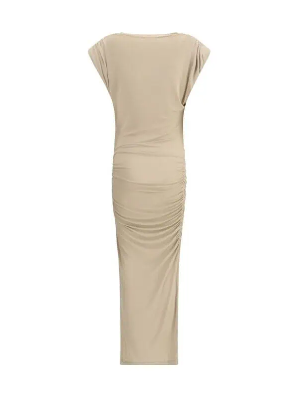 Elegant beige ruched maxi dress with draped detailing, perfect for formal occasions and evening events, showcasing luxurious style and comfort.