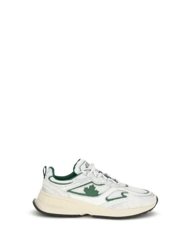 Comfortable white sneaker with green accents and a maple leaf logo, perfect for casual wear and stylish athletic activities.