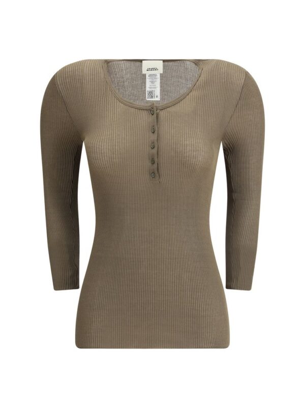 Crewneck ribbed knit top with button placket in beige, perfect for casual and stylish outfits. Soft, 100% cotton fabric offers comfort and a flattering fit. Ideal for everyday wear and layering.