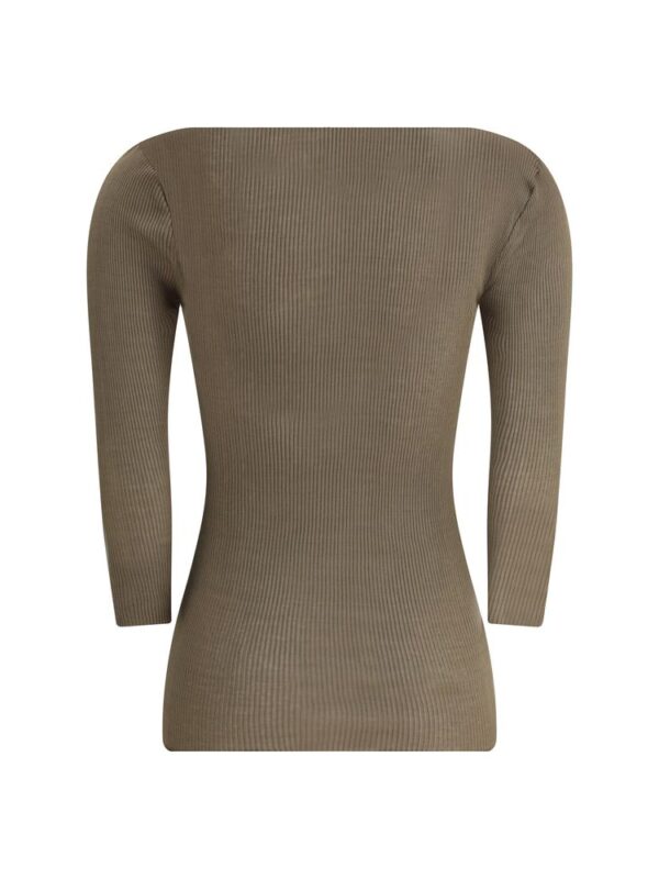 Soft taupe ribbed knit long-sleeve fitted top, perfect for casual or elegant looks, made from high-quality, comfortable fabric.