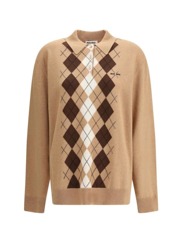 Beige Miu Miu Argyle Pattern Knit Sweater with Collared Neck and Logo Detail.