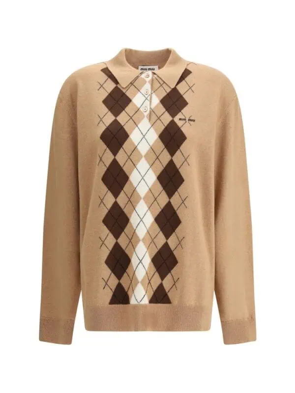 Beige Miu Miu Argyle Pattern Knit Sweater with Collared Neck and Logo Detail.