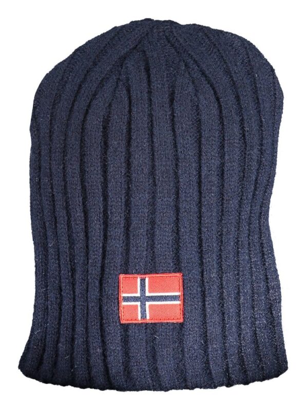 Beanie hat with a Norwegian flag patch, navy ribbed knit, stylish winter headwear, perfect for warmth and fashion.