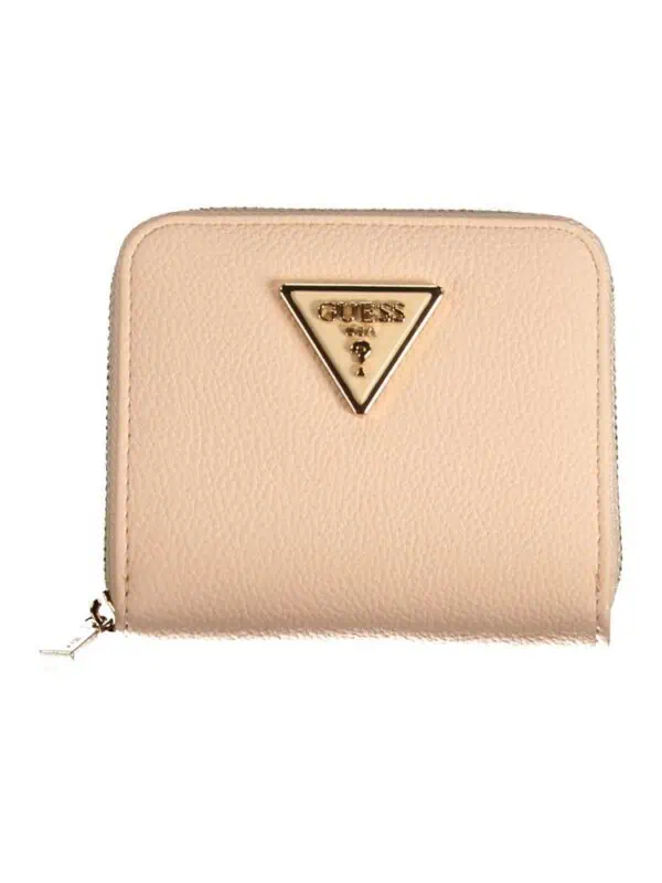 Soft pink Guess small zippered wallet with gold logo emblem on front, made of textured leather, perfect for stylish accessories.