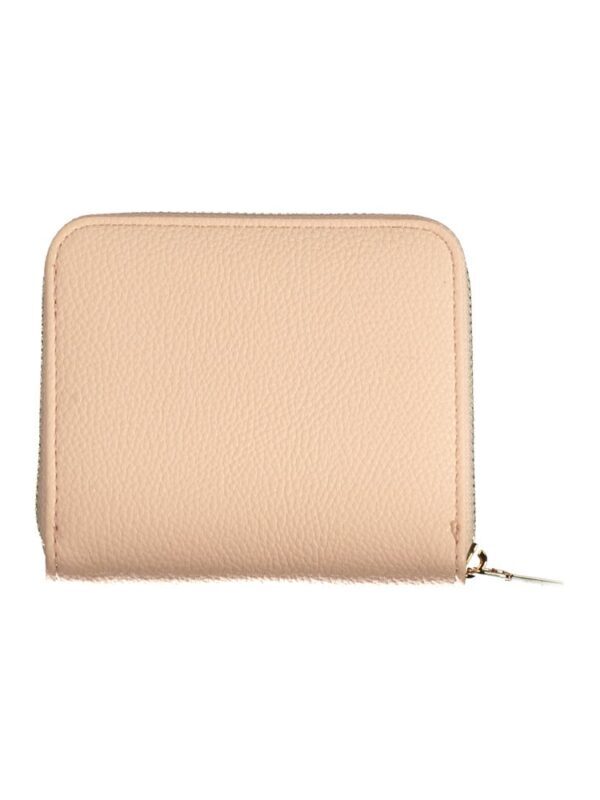 Soft blush pink leather wallet with gold zipper for women.