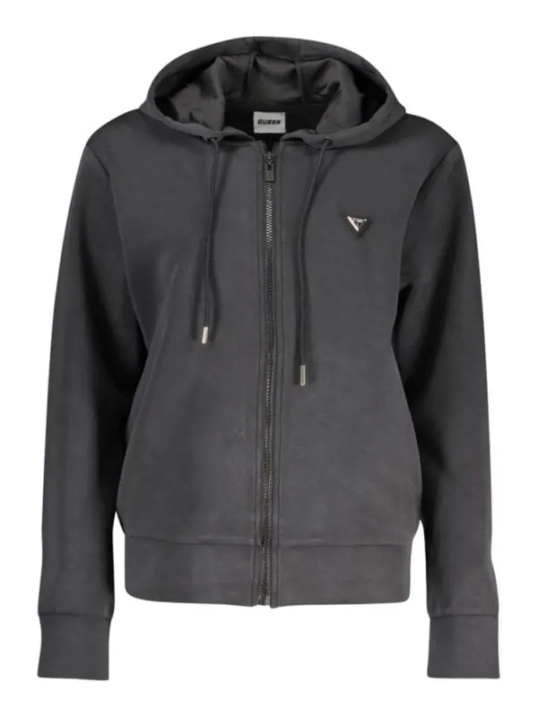 Premium black Guess logo hoodie with zip-up front and adjustable drawstrings, perfect for stylish casual wear.