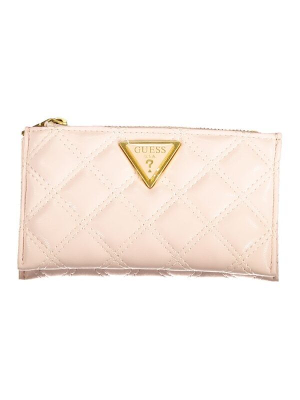Pink quilted Guess wallet with gold logo detail, compact and stylish accessory for women.