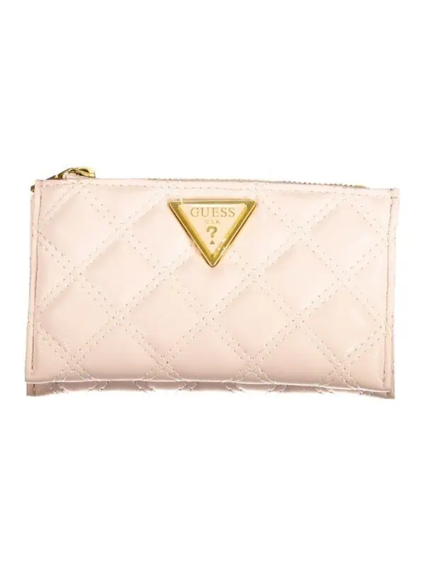 Pink quilted Guess wallet with gold logo detail, compact and stylish accessory for women.