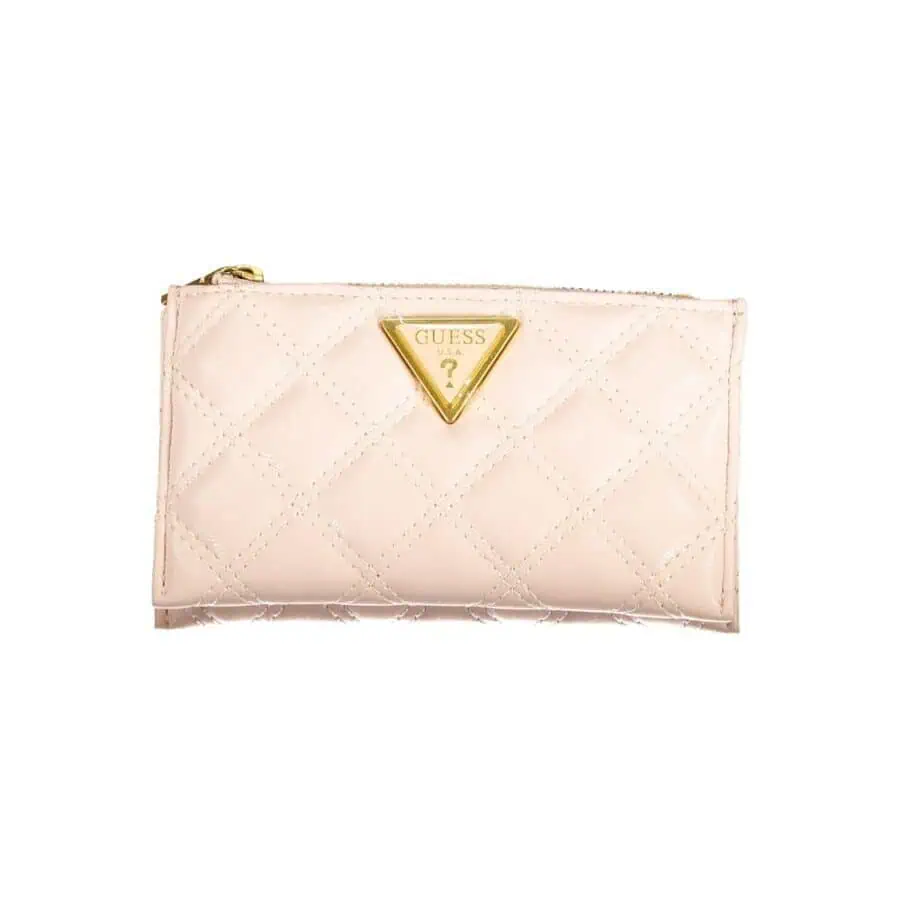 Pink quilted Guess wallet with gold logo detail, compact and stylish accessory for women.