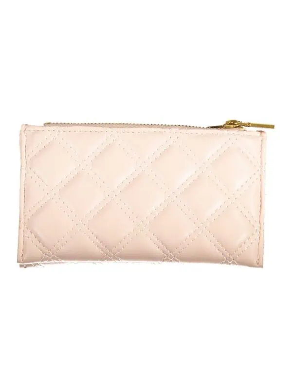 Pink quilted leather clutch wallet with gold zipper, stylish accessory for women.