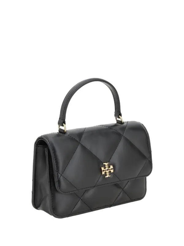 Black leather quilted handbag with gold-tone logo hardware and top handle, luxury designer purse for women.