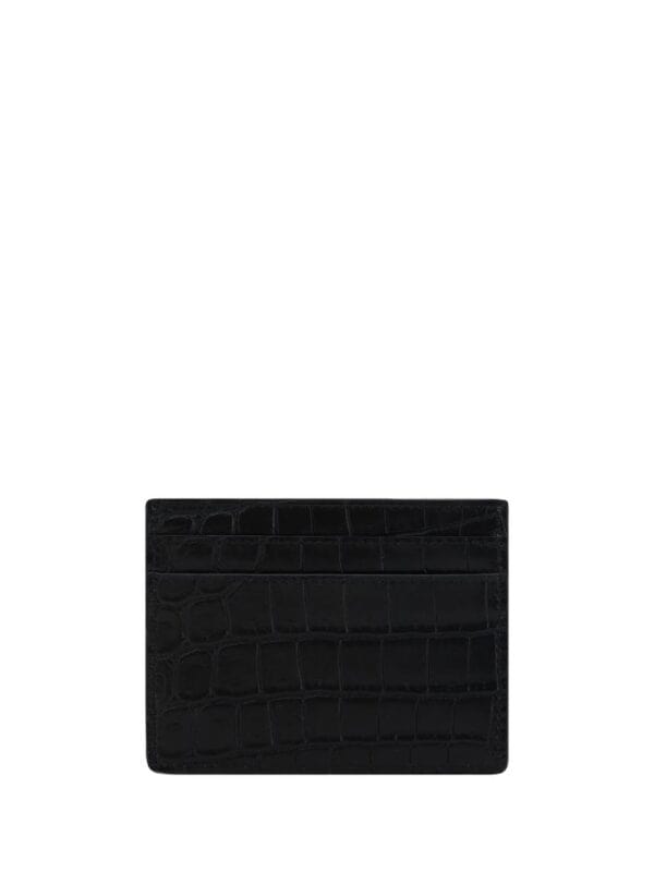 Black crocodile-embossed leather card holder, luxury slim wallet for men and women, minimalist designer money clip accessory.