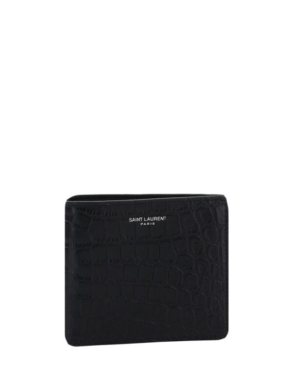 Lux Saint Laurent Paris black crocodile-embossed leather wallet with sleek design.