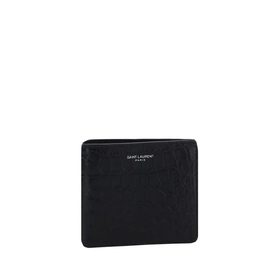 Lux Saint Laurent Paris black crocodile-embossed leather wallet with sleek design.