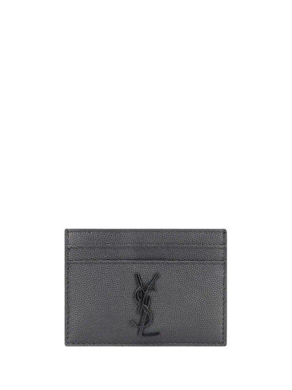 Black designer YSL leather cardholder with embossed logo and multiple card slots.