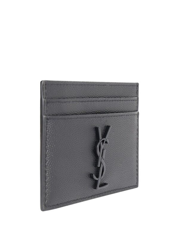 YSL black textured leather cardholder with signature logo detail.