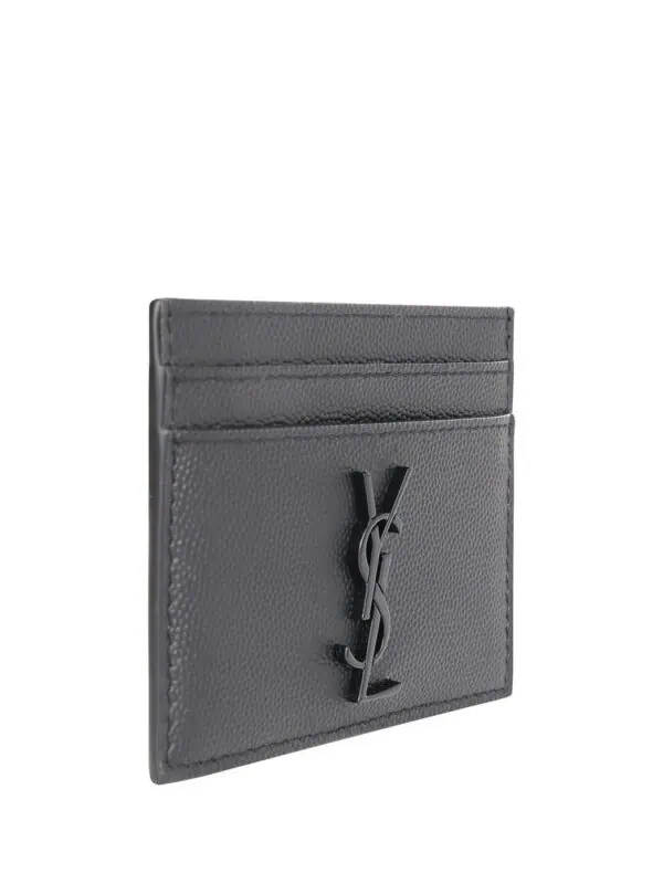 YSL black textured leather cardholder with signature logo detail.