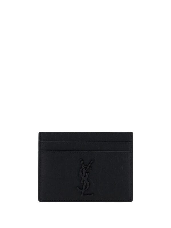 Yves Saint Laurent black leather cardholder with embossed logo, minimalist design, perfect for luxury branding and everyday use.