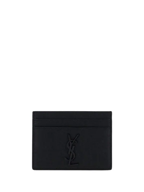 Yves Saint Laurent black leather cardholder with embossed logo, minimalist design, perfect for luxury branding and everyday use.