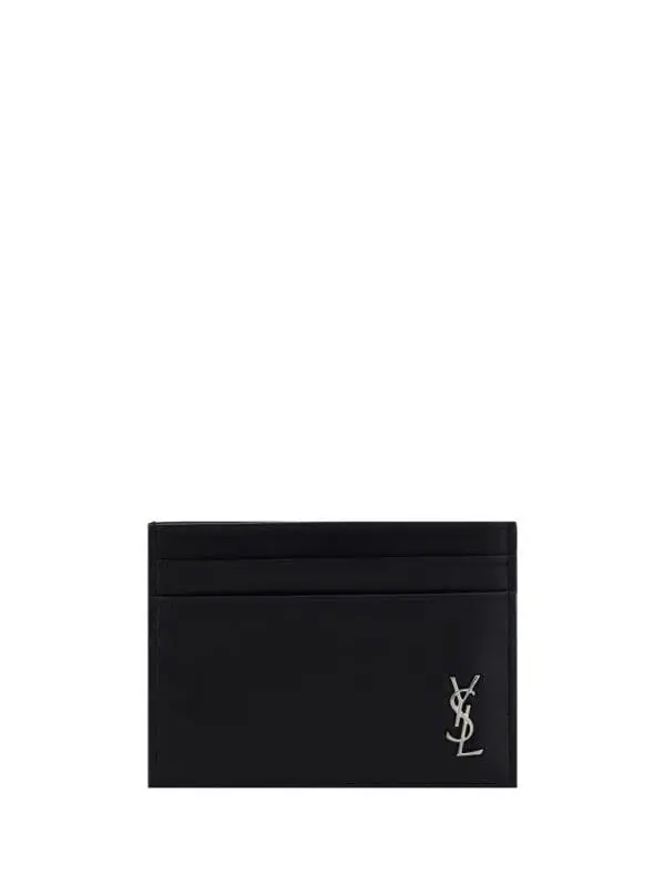 YSL black leather cardholder with silver logo, luxury designer accessory for men and women.