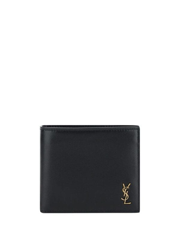 Elegant black YSL designer wallet with gold logo accent, crafted from premium leather. Compact and stylish, perfect for holding cash, cards, and essentials in luxury fashion.