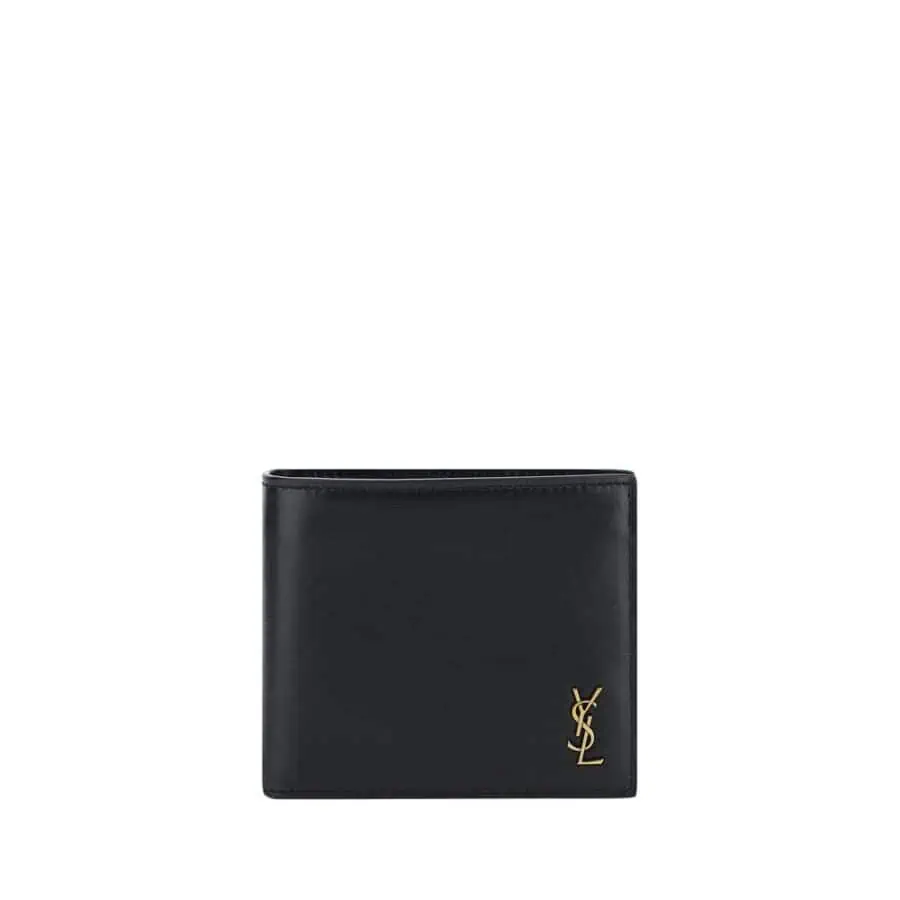 Elegant black YSL designer wallet with gold logo accent, crafted from premium leather. Compact and stylish, perfect for holding cash, cards, and essentials in luxury fashion.