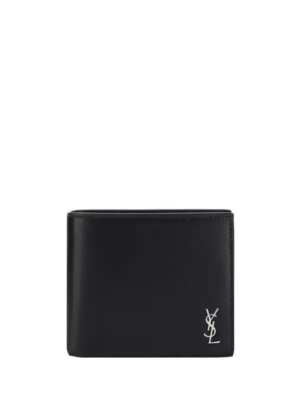 YSL men's black leather wallet with silver logo, luxury designer accessory, stylish and functional for everyday use.