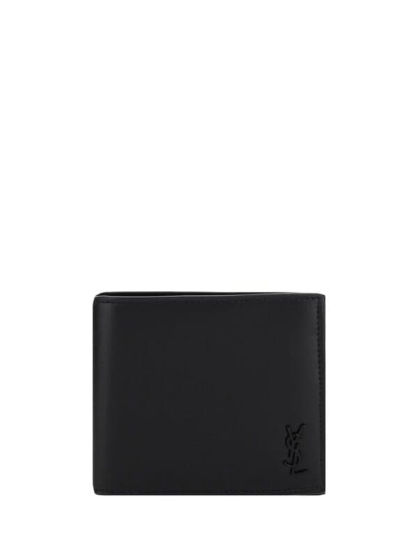 Black Yves Saint Laurent men's wallet made from high-quality leather with embossed logo. Perfect for luxury fashion enthusiasts and everyday use.