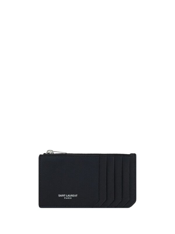 Black Saint Laurent Paris designer wallet with multiple card slots and zip closure. Perfect for luxury fashion enthusiasts seeking style and functionality in their accessories.