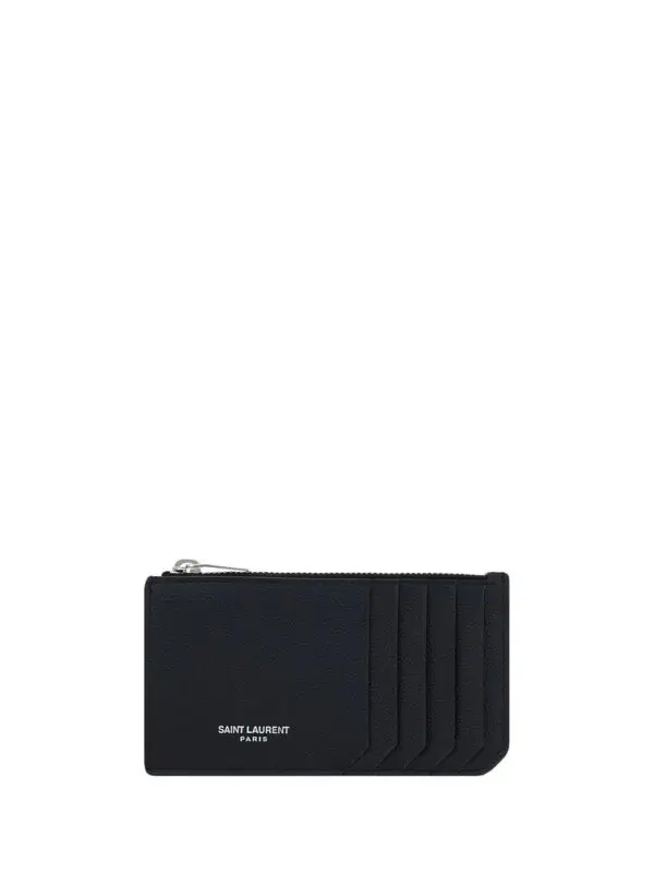 Black Saint Laurent Paris designer wallet with multiple card slots and zip closure. Perfect for luxury fashion enthusiasts seeking style and functionality in their accessories.