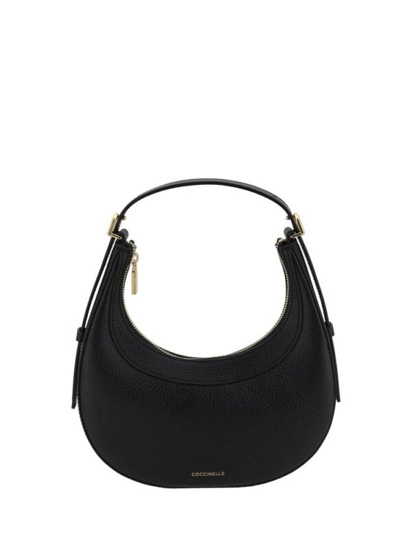 Elegant black leather Coccinelle handbag with gold hardware, rounded shape, and adjustable strap for a luxurious and versatile accessory.