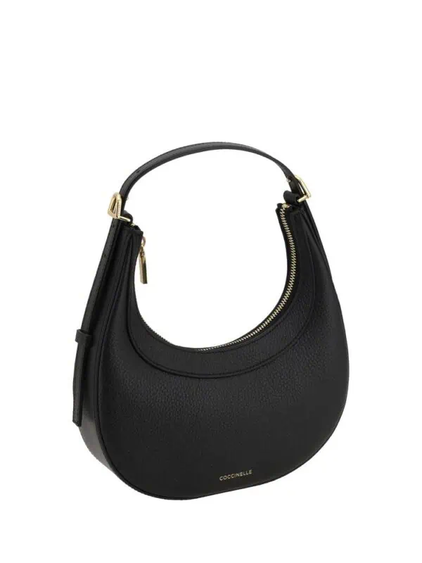 Elegant black leather handbag with gold accents, featuring a curved crescent shape and a top zipper closure, perfect for stylish daily use.