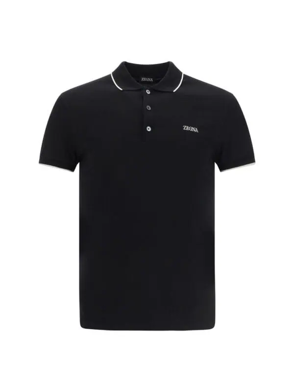 Black men's polo shirt with white piping, classic fit, and embroidered Zegna logo on chest. Perfect for casual or semi-formal occasions, crafted with high-quality materials for comfort and style.