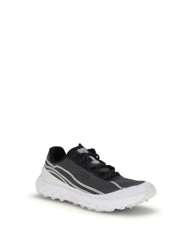 Black and white trendy running shoes with cushioned soles for men.