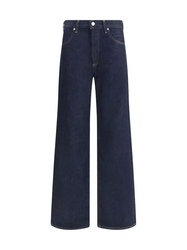 High-waisted dark blue wide-leg denim jeans with classic five-pocket styling and button closure. Perfect for a stylish, comfortable casual look.