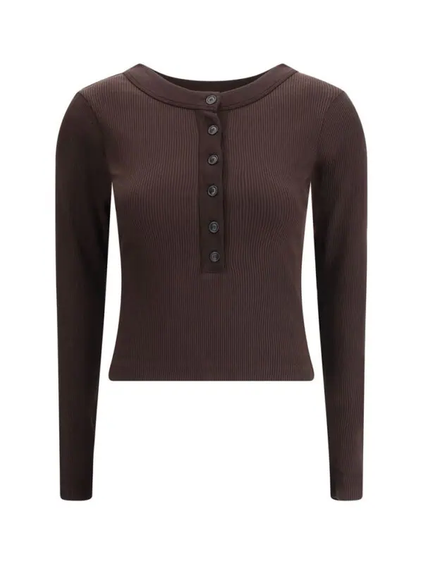 Brown ribbed long-sleeve henley top with button placket, perfect for casual and stylish winter wear. Crafted from soft, high-quality fabric for comfort and durability.