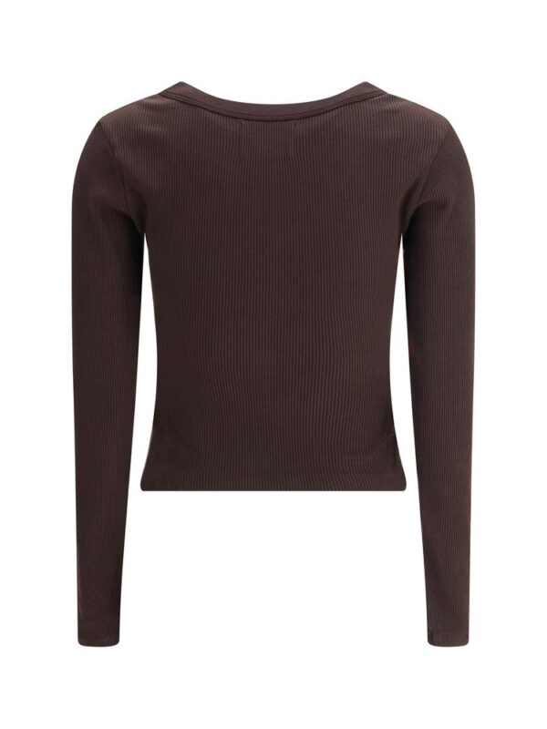 Soft brown ribbed long sleeve sweater, stylish and comfortable women's knitwear for casual or office wear. Perfect for layering in colder months.