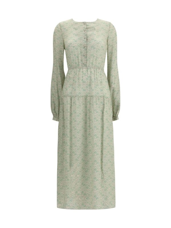 Flowy green printed maxi dress with long sleeves and button-up front, perfect for casual or semi-formal occasions.