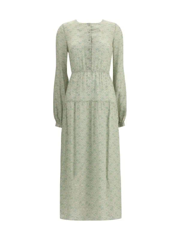 Flowy green printed maxi dress with long sleeves and button-up front, perfect for casual or semi-formal occasions.