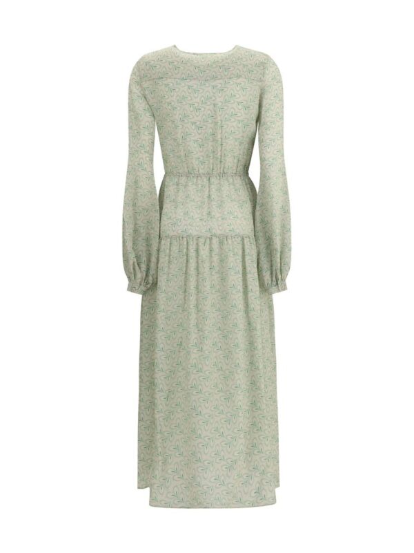 Long green floral printed maxi dress with long puffed sleeves and an adjustable waist, perfect for elegant summer occasions.