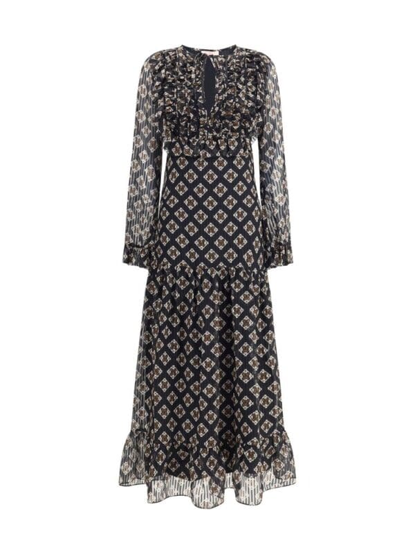 Elegant black and beige patterned maxi dress with long sheer sleeves and intricate embroidery, perfect for sophisticated occasions and fashionable styling.