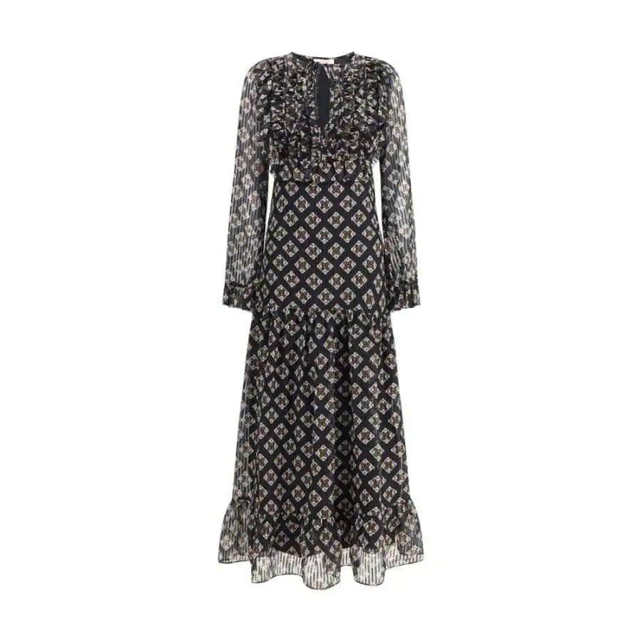 Elegant black and beige patterned maxi dress with long sheer sleeves and intricate embroidery, perfect for sophisticated occasions and fashionable styling.