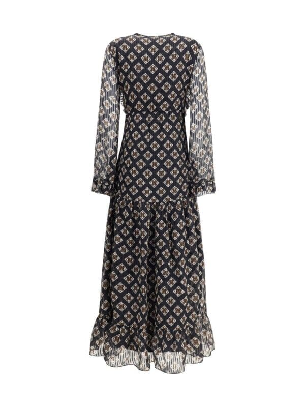Elegant long black and beige patterned maxi dress with sheer long sleeves, perfect for stylish occasions and summer events.