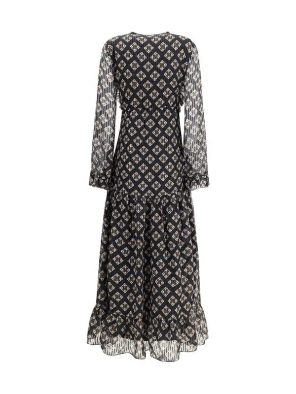 Elegant long black and beige patterned maxi dress with sheer long sleeves, perfect for stylish occasions and summer events.