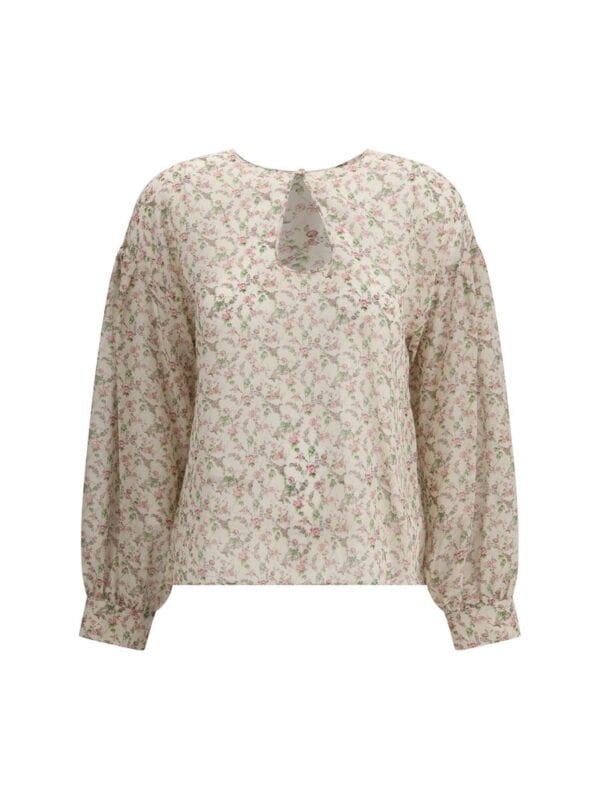 Floral printed chiffon blouse with tie keyhole neckline and long sleeves for women.