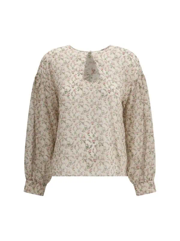 Floral printed chiffon blouse with tie keyhole neckline and long sleeves for women.