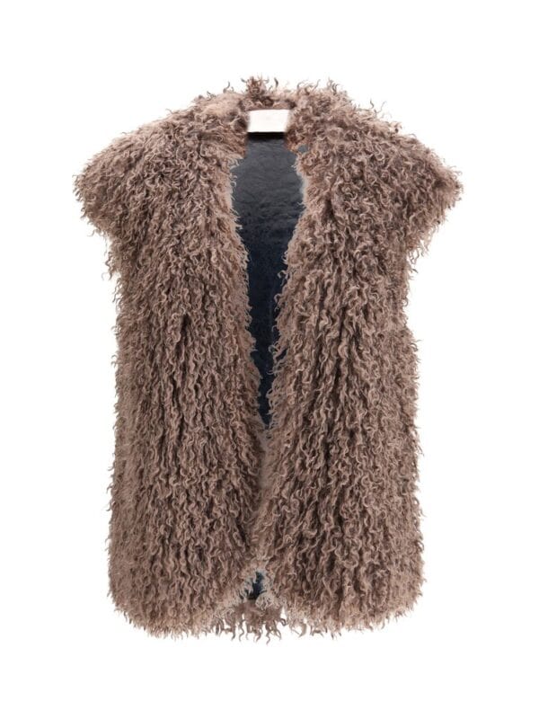 Luxurious brown faux shearling fur vest with open front design for stylish winter wear. Perfect for adding a cozy, fashionable layer to your outfit with soft, plush texture.